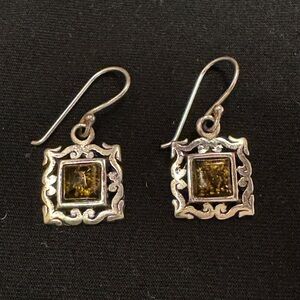 Vintage 925 Silver and Amber Square Earrings